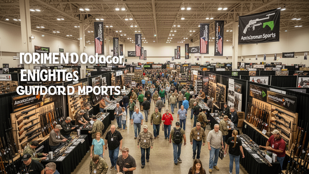 Busy indoor gun and outdoor sports show with vendor booths and attendees